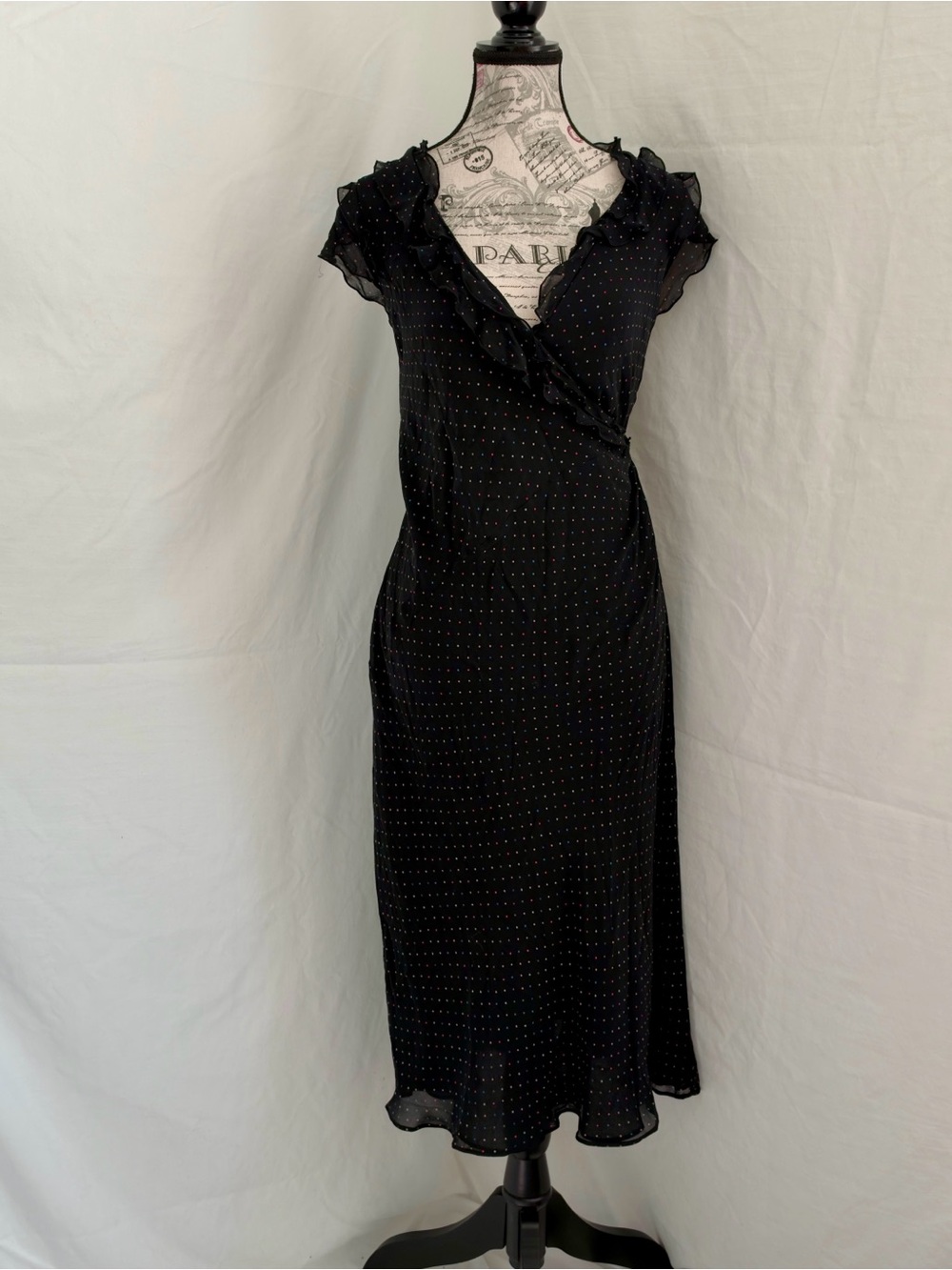 Vintage Express Rainbow Foil Dot Silk Wrap Midi Dress -S